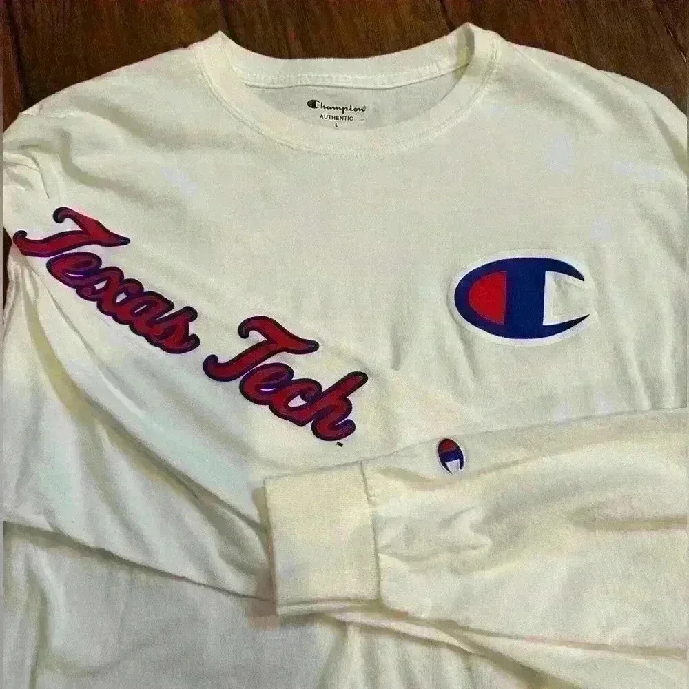 Champion Men's Size Large White Long Sleeve Texas‎ Tech Logo Graphic Print Shirt